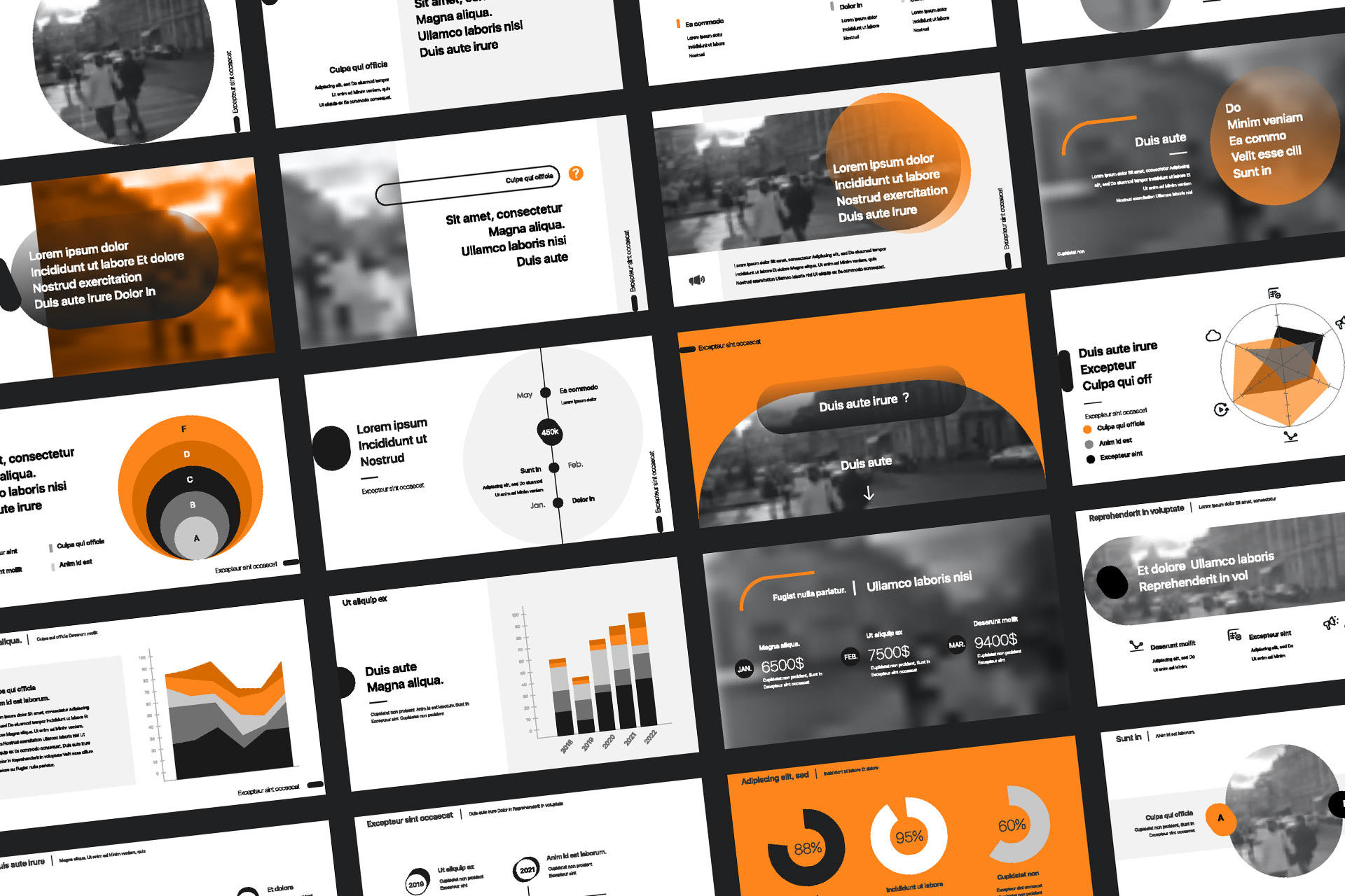 Startup Consulting with orange and black pitch deck slides