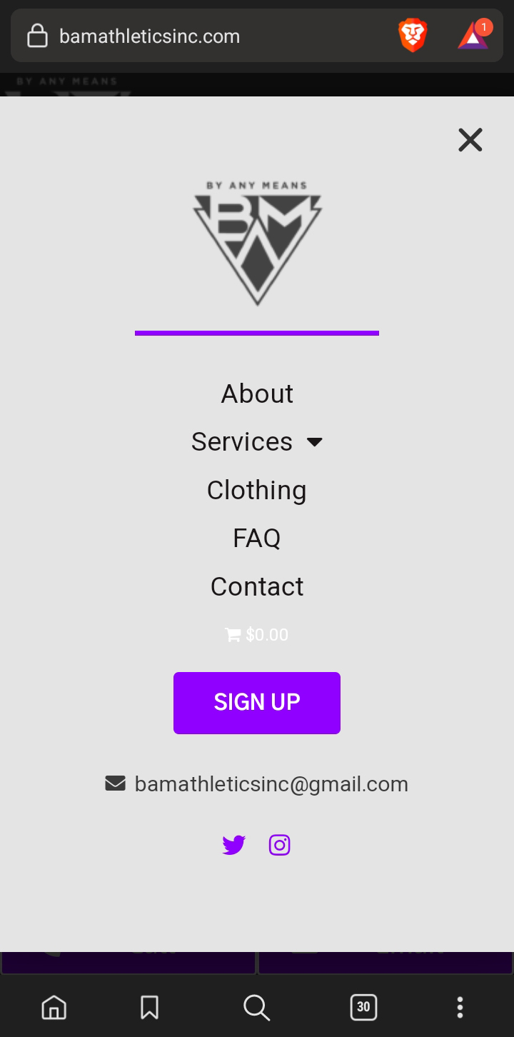 Screenshot of the mobile menu of the website for BAM