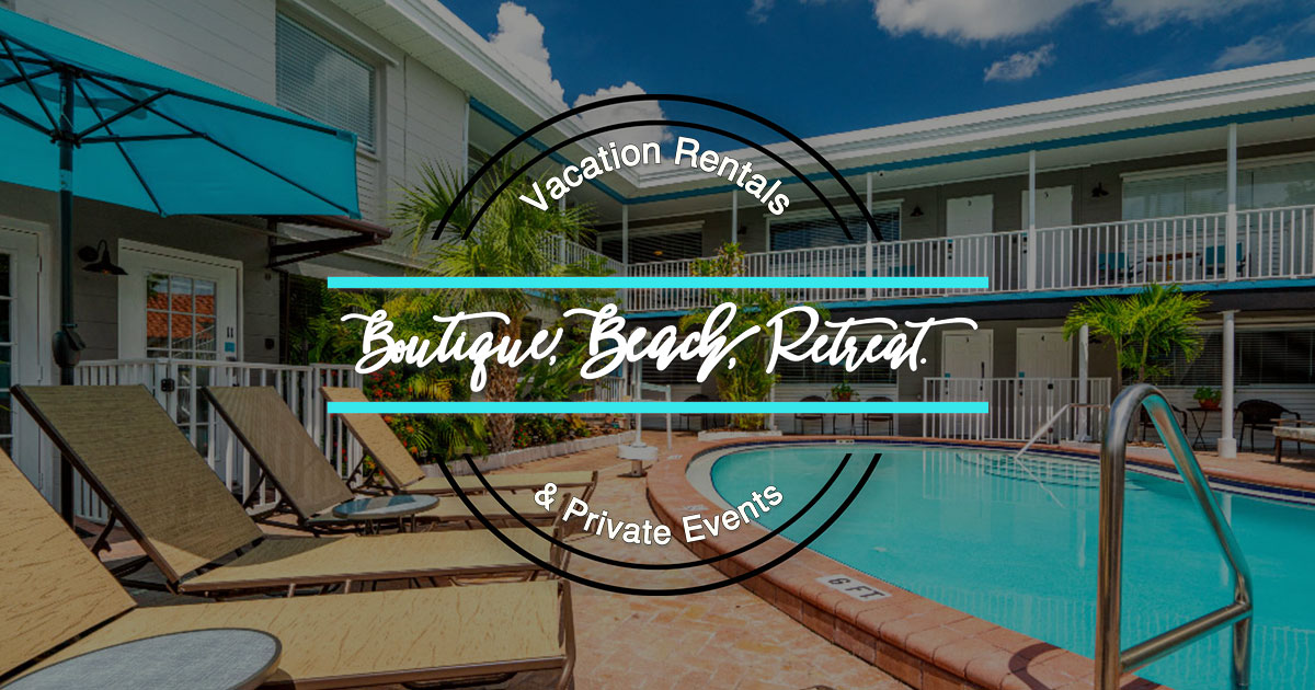 Website company Open graph image for Boutique Beach Retreat is the logo on top of a picture of the pool deck
