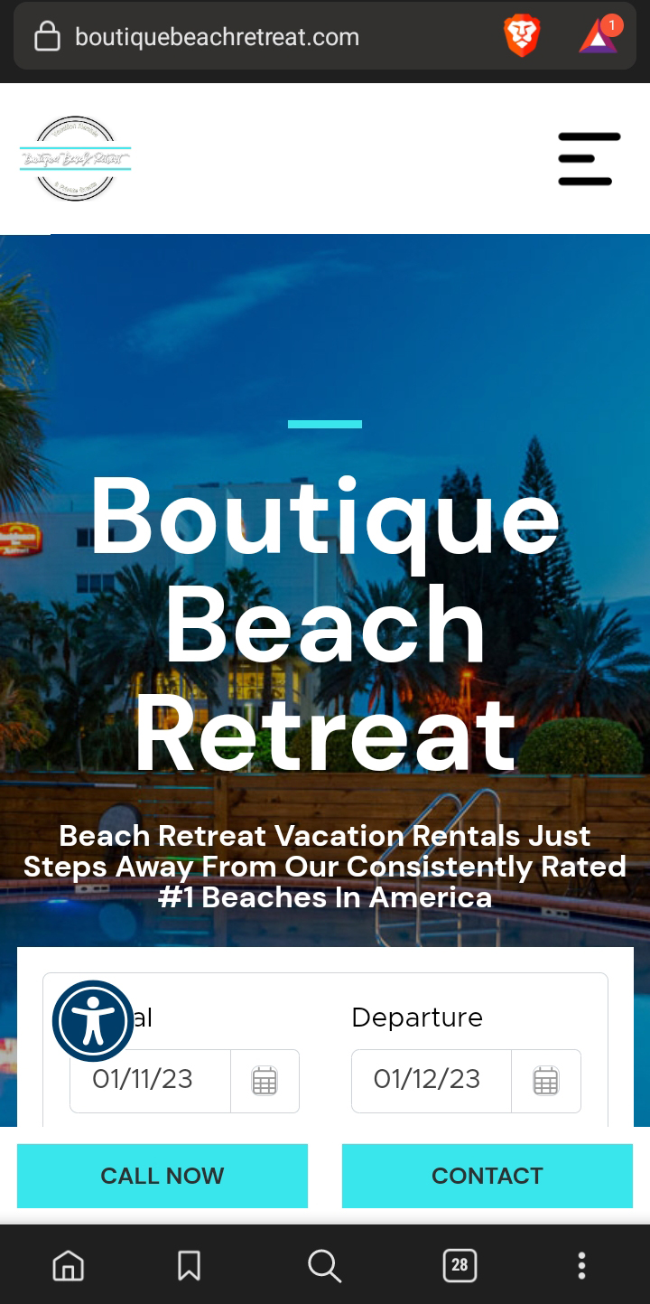 A mobile screenshot taken from a cell phone of the initial load screen on the homepage of boutique beach retreat