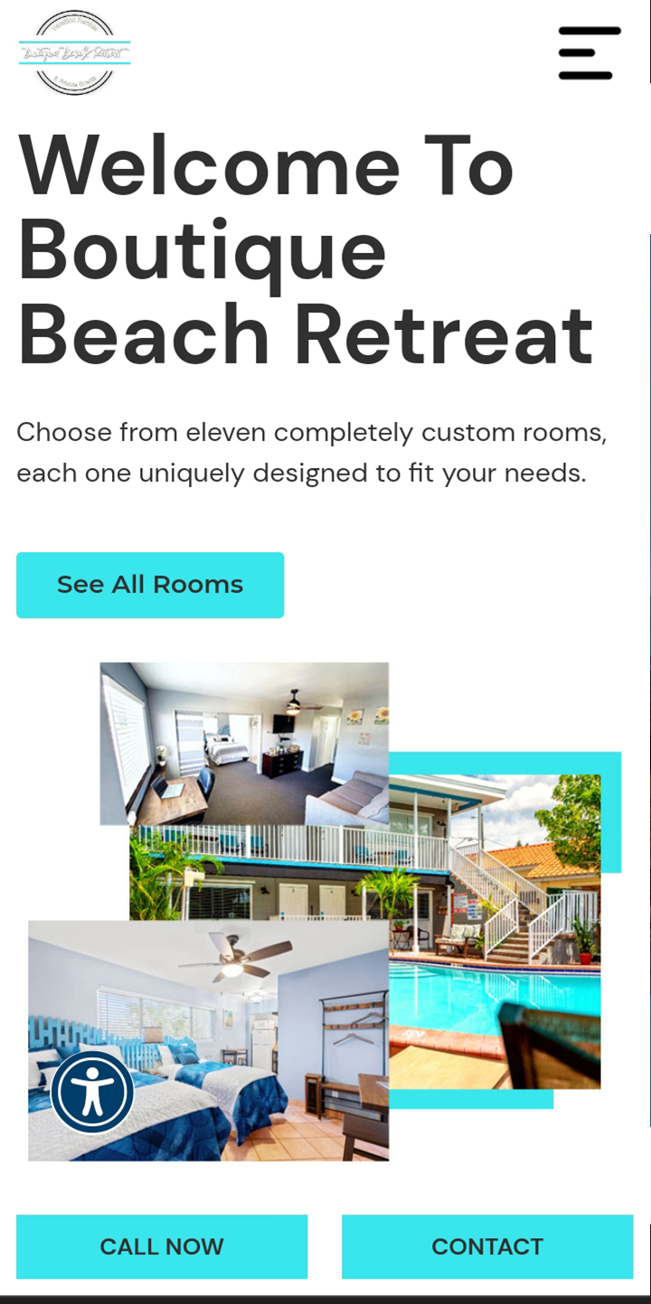 A mobile preview screenshot of the homepage section of stacked images and shapes for the website of boutique beach retreat