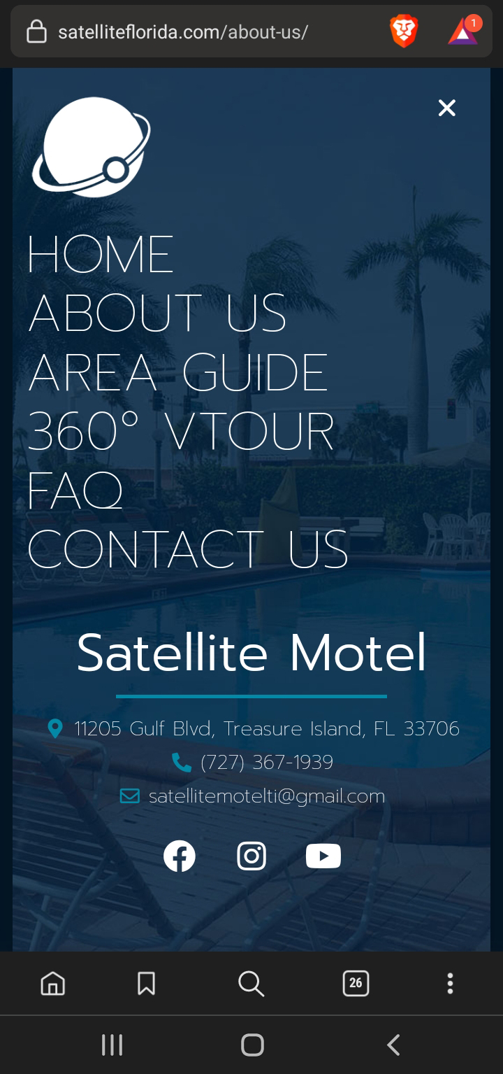 Screenshot of the mobile menu popout of the website for satellite motel