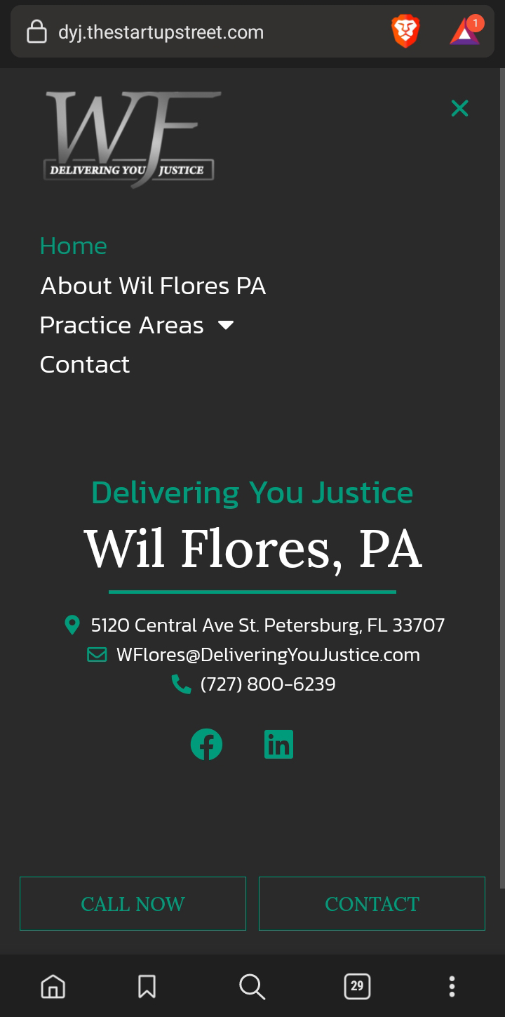 A screenshot from a mobile device of the popout menu for the website of deliveringyoujustice.com