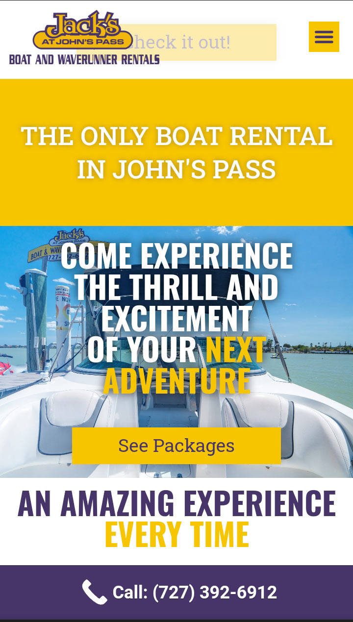 website preview of jacks boat rental from a mobile phone