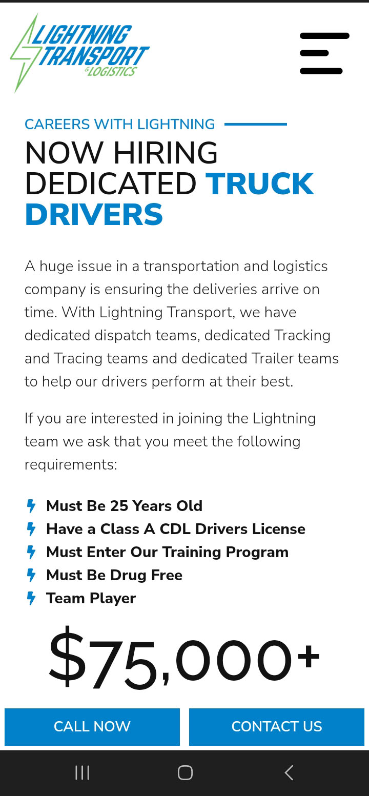 Website design trucking mobile homepage lightning transport