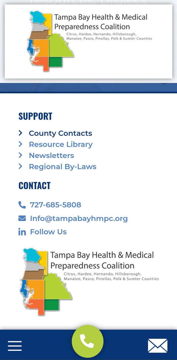 Screenshot from a mobile phone looking at the mobile popout menu of the website for Tampa Bay Health and Medical Preparedness Coalition