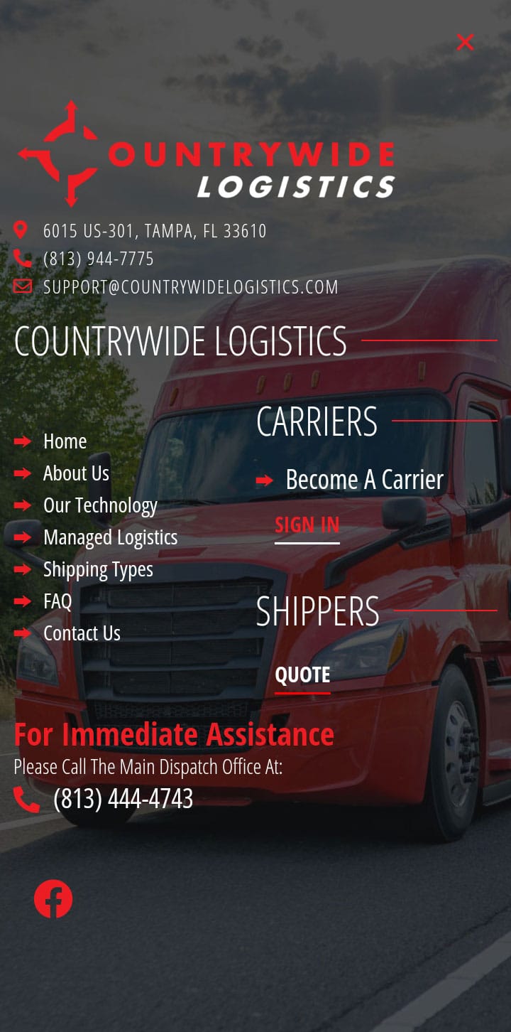 A screenshot of the mobile menu popout for the website of Countrywide logistics