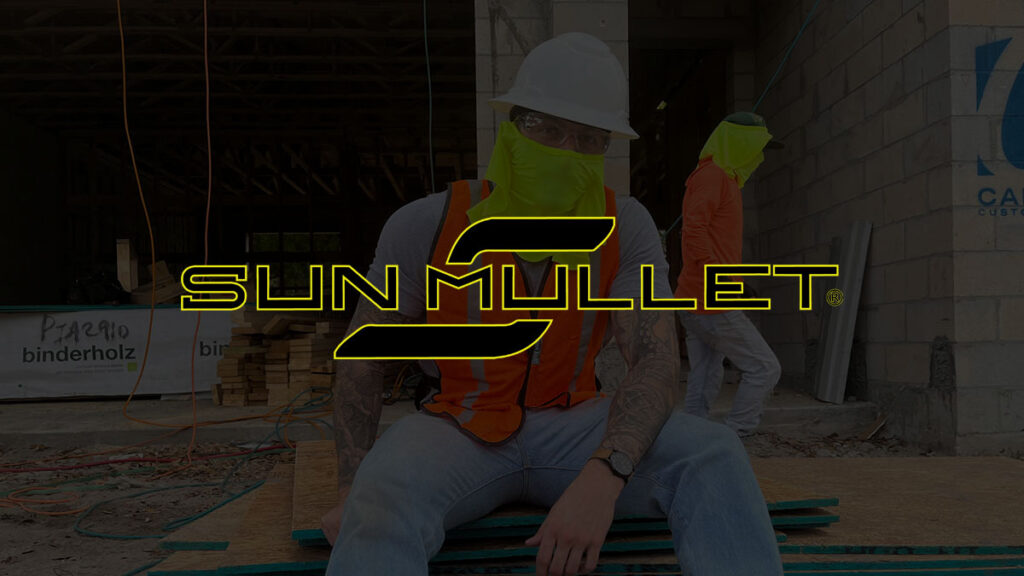 The official opengraph image for the website Sunmullet.com that shows the logo laid over top a dark image of a construction worker with a neon yellow sunmullet on his face