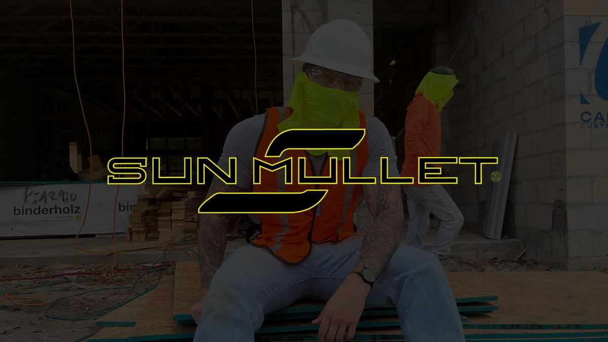 The official opengraph image for the website Sunmullet.com that shows the logo laid over top a dark image of a construction worker with a neon yellow sunmullet on his face