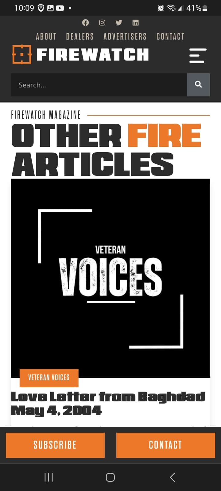 A section on the homepage of Firewatch magazine from a mobile cell phone screenshot