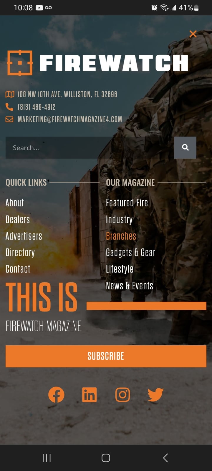 The mobile popout menu for the website of Firewatch magazine