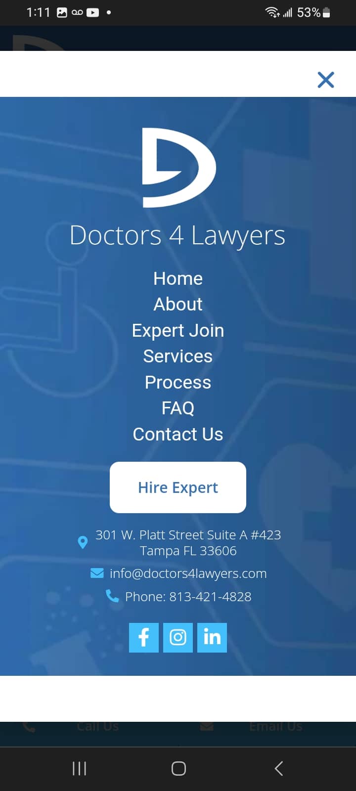 Screenshot from a mobile phone of the mobile popout menu for the website of Doctors for Lawyers