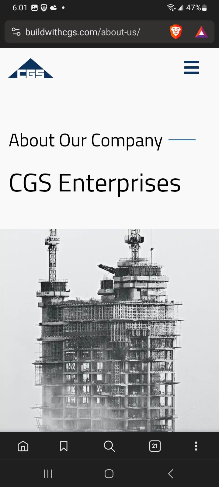 Mobile screenshot taken from the ABOUT page on the website of CGS