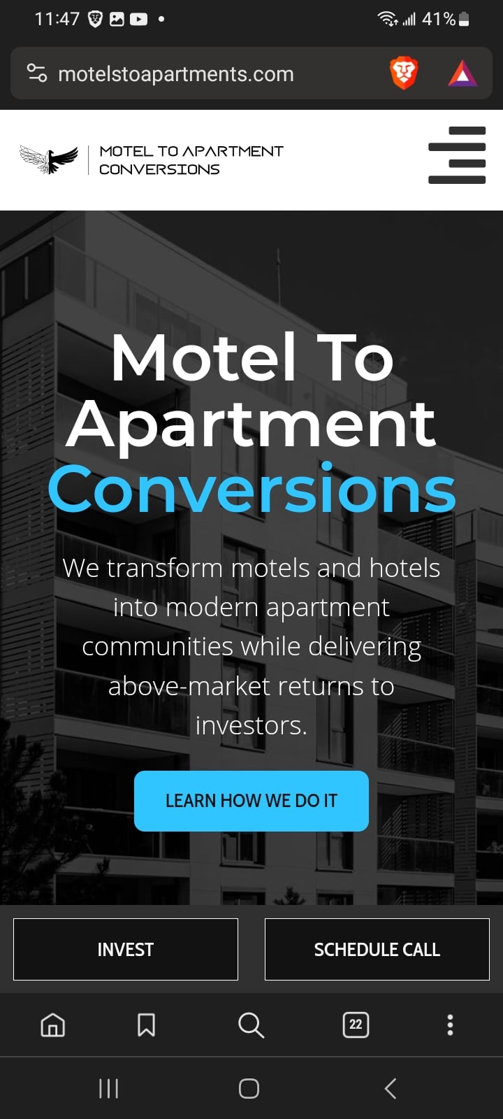 Mobile screenshot of the homepage initial page view for Motels to Apartment Conversions.