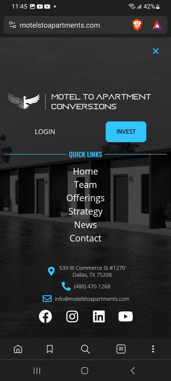 Screenshot from a mobile phone of the website design mobile popout menu on the website of Motels to Apartment Conversions