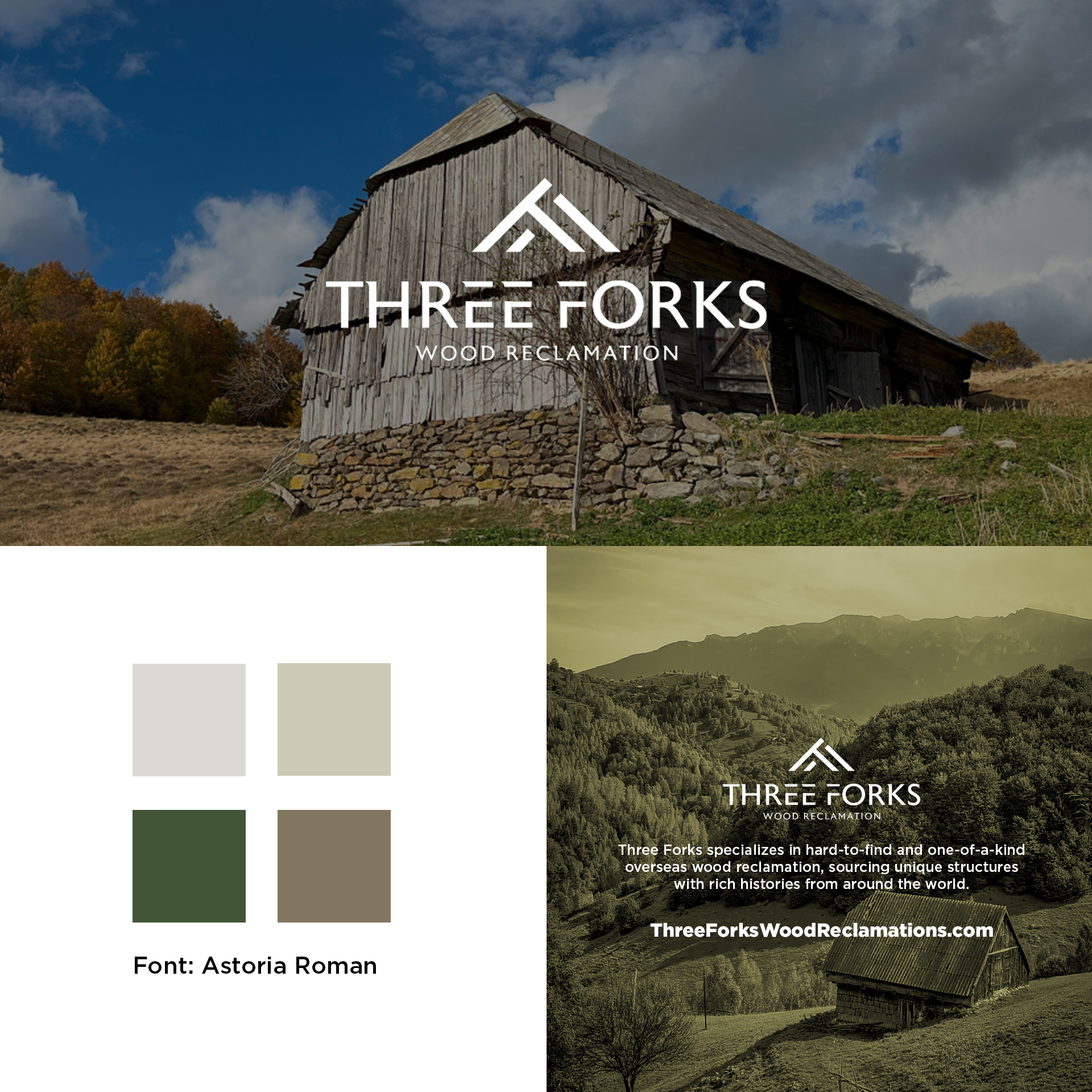 Branding Graphic for Three Forks. This is divided into three sections the top being full and the bottom split into 2.  Has font, colors, branding image and statement on it.